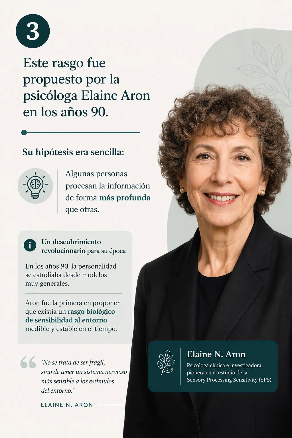 Elaine Aron, investigadora pionera en el estudio de la alta sensibilidad y el rasgo SPS.